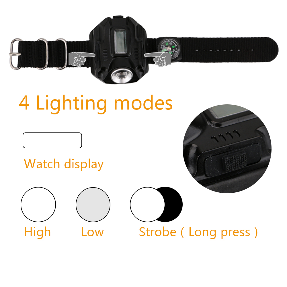 LED watch flashlight flashlight portable light USB charging 4 mode light tactical flashlight time display with compass - Image 5