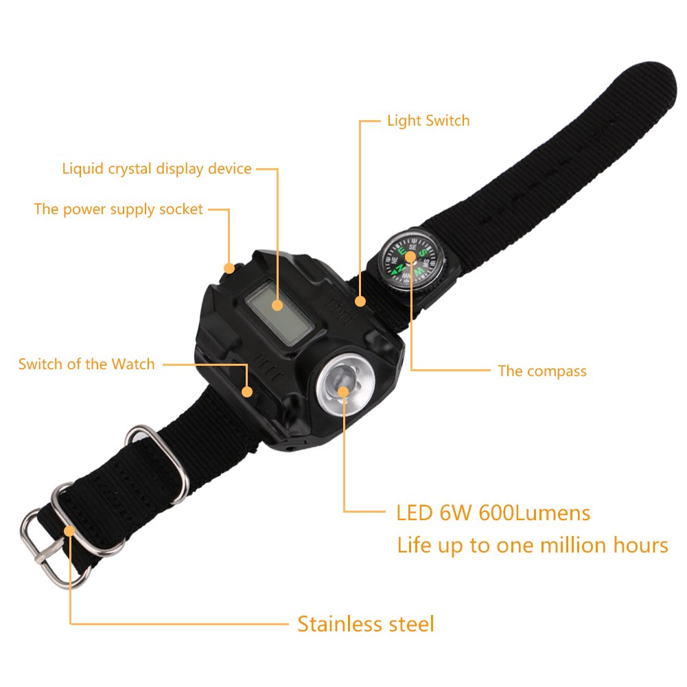 LED watch flashlight flashlight portable light USB charging 4 mode light tactical flashlight time display with compass - Image 4