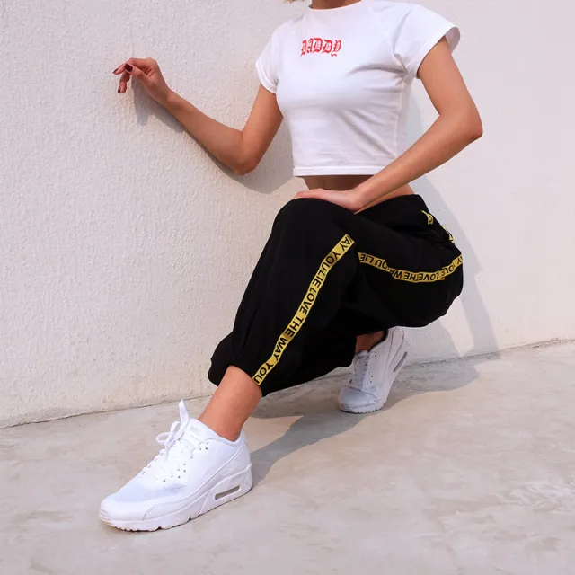 summer foreign trade original single women's new high waist elastic casual pants ribbon stitching contrast color beam pants Black - Shop at LoveMi