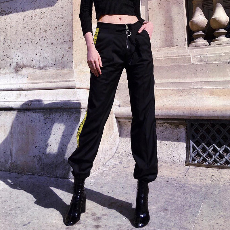 summer foreign trade original single women's new high waist elastic casual pants ribbon stitching contrast color beam pants