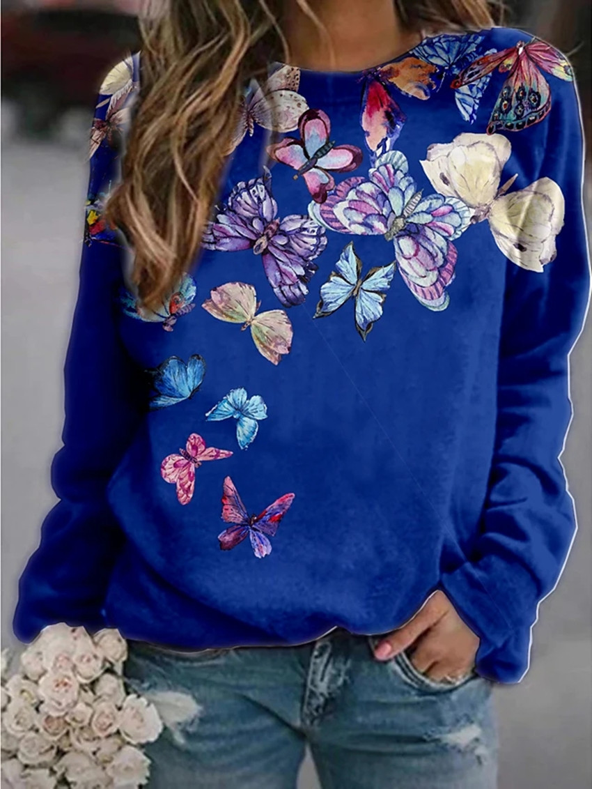 Women's Floral Butterfly Animal Print Round Neck Short Long Sleeve Sweatshirt