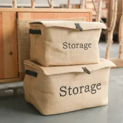 Hemp square clothing storage box cotton and linen retro folding green leather buckle covered storage box - View 1