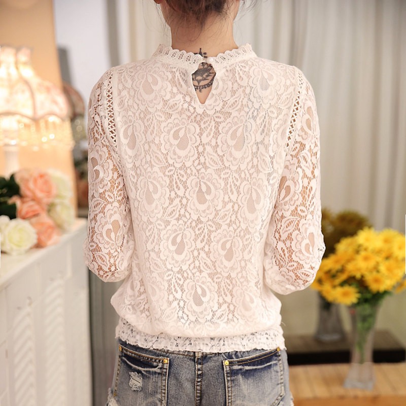 Autumn women's shirt long-sleeved temperament was thin small shirt lace stitching hollow women's lace bottoming shirt