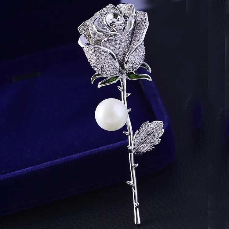Korean Version Of High-grade Temperament Pearl Pearl Brooch Rose Pin Garment Accessories - Platinum Plating