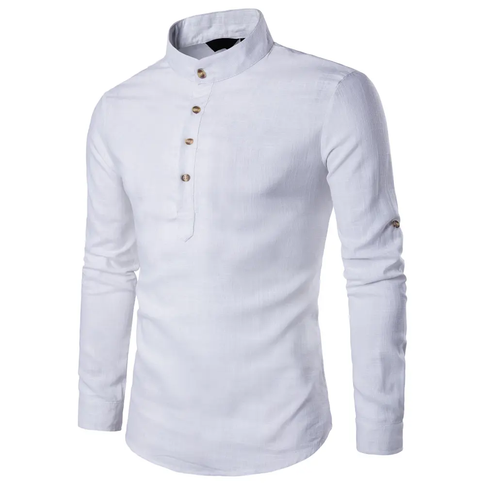 Men Casual Shirt Cotton Linen Blended Mandarin Collar Breathable