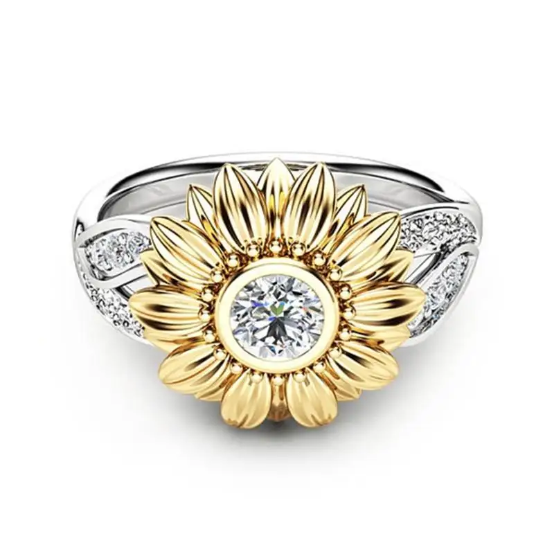 New Gold-plated Couple Ring Sunflower Flower Color Separation Zircon