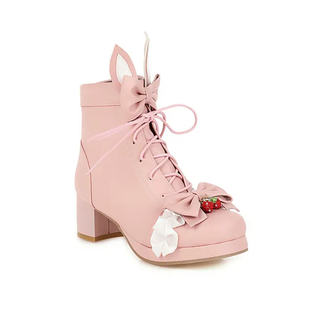 Women's Lolita Short Boots Strawberry Girl Cute Soft Girl Thick soled Martin Boots Pink - Shop at LoveMi