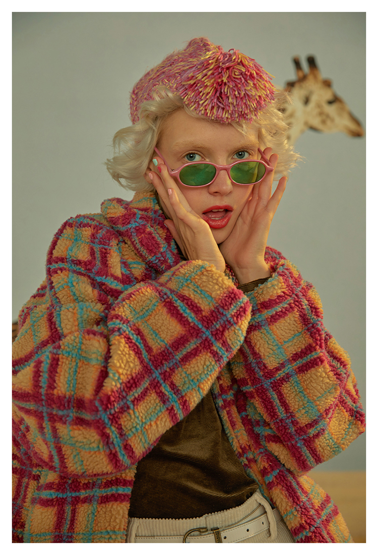 Red and blue plaid lambskin lapel long sleeved silhouette coat