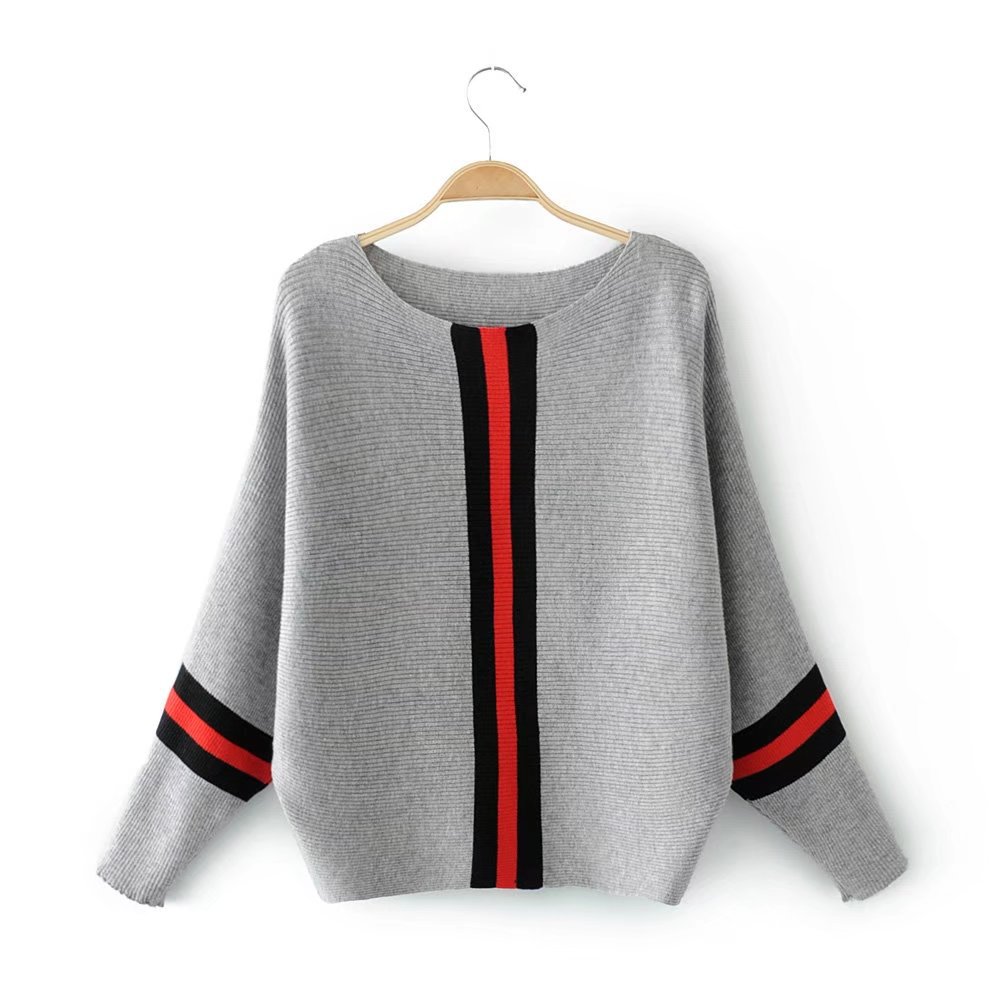 New vertical stripe color loose pullover sweater female short bat sleeve sweater