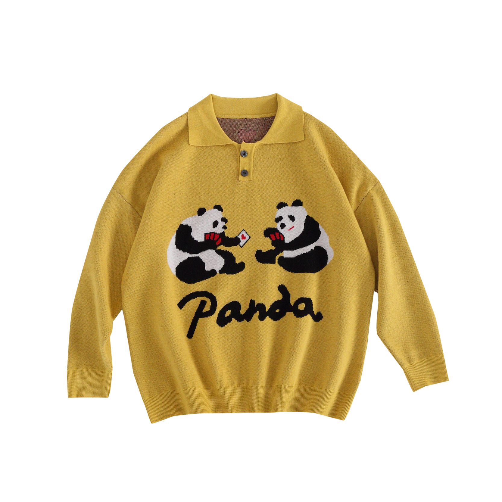 Japanese Children's Panda Playing Cards Polo Collar Pullover Sweater Loose Wild Sweater Sweater Women Autumn And Winter