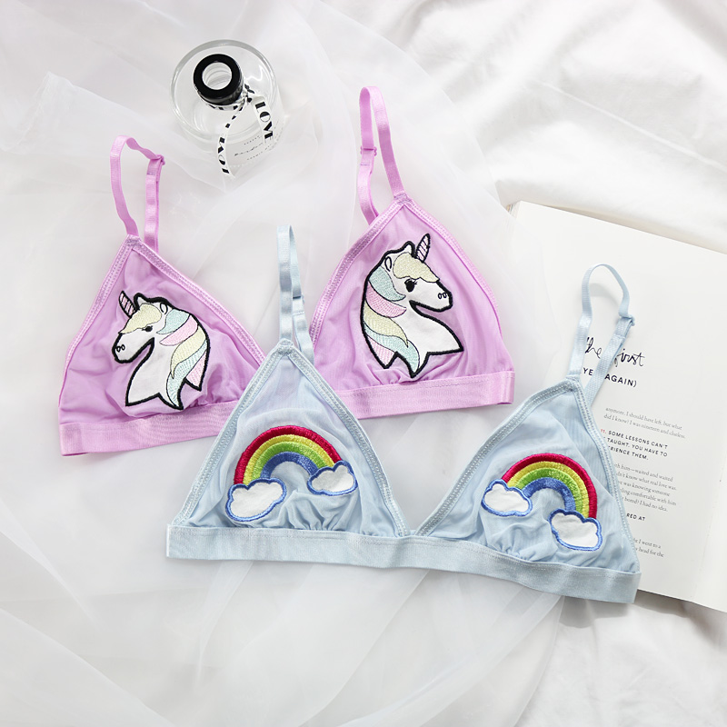 External Single Cartoon Embroidery Anti-bump Ultra-thin Triangle Cup Bra Cute… — image 1