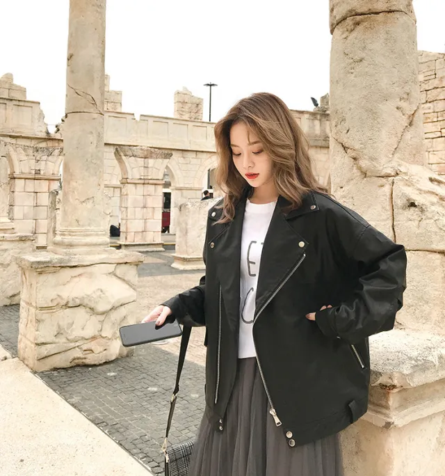 Short Korean Version Of The Thin Bf Wind Loose Locomotive Casual PU Leather Jacket Black - Shop at LoveMi