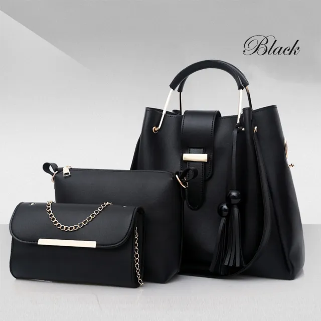 Women Or Set Handbags PU Leather Shoulder Bags Casual Tote Bag Tassel Metal Handle Designer Composite Bags Black - Shop at LoveMi