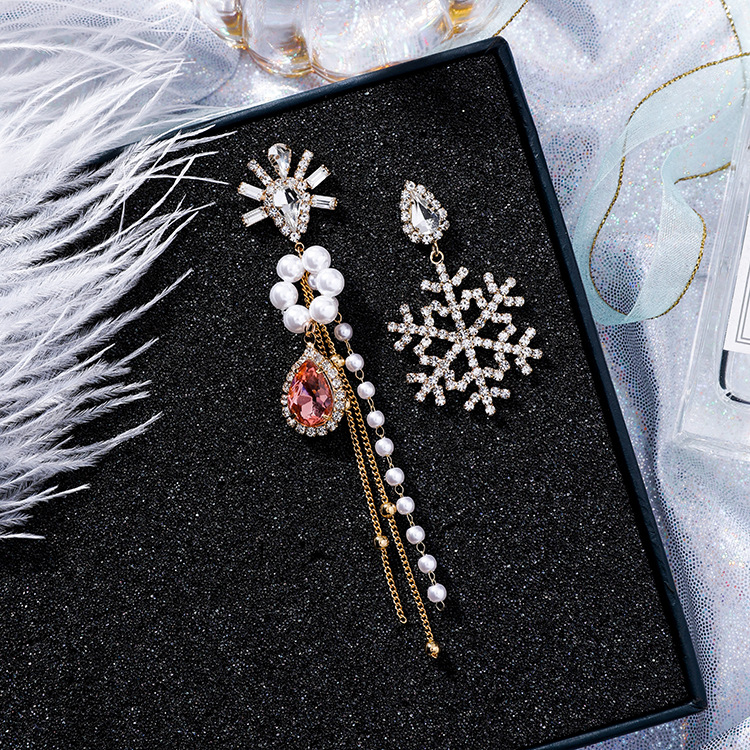 Korean fashion exaggerated asymmetric snowflake earrings long drop jewel tassel pearl earrings hipster earrings