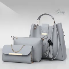 Women Or Set Handbags PU Leather Shoulder Bags Casual Tote Bag Tassel Metal Handle Designer Composite Bags - Gray - View 1