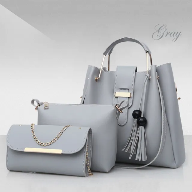 Women Or Set Handbags PU Leather Shoulder Bags Casual Tote Bag Tassel Metal Handle Designer Composite Bags Gray - Shop at LoveMi