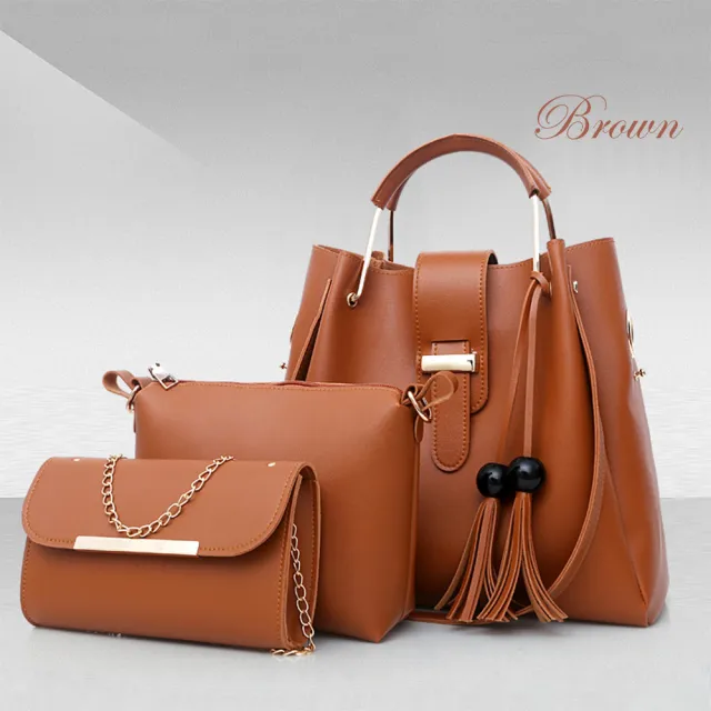 Women Or Set Handbags PU Leather Shoulder Bags Casual Tote Bag Tassel Metal Handle Designer Composite Bags Brown - Shop at LoveMi