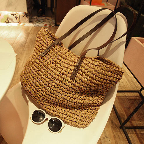 Women Handbag Summer Beach Bag Rattan Woven Handmade Knitted Straw Large Capacity Totes Leather Women Shoulder Bag Bohemia New