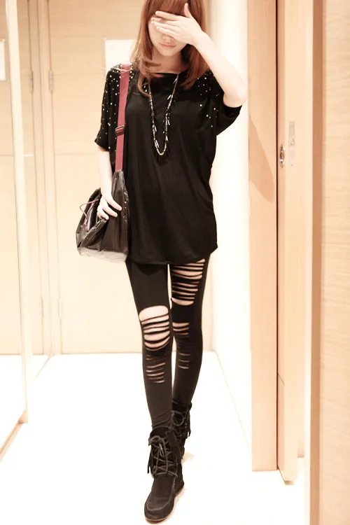 Autumn women's Korean version wearing casual pants hollow cotton irregular nine pants women's front hole leggings Black - Shop at LoveMi