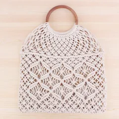 Popula Cotton Rope Hollow Straw Bag Sheer Macrame Tote wooden ring rattan handle Net Bag Vintage Retro Chic handbag - Tan - View 1
