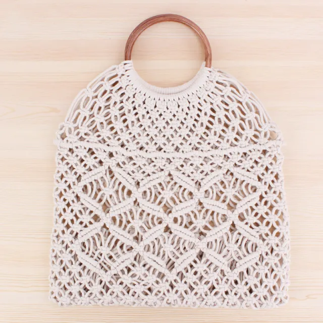 Popula Cotton Rope Hollow Straw Bag Sheer Macrame Tote wooden ring rattan handle Net Bag Vintage Retro Chic handbag Tan - Shop at LoveMi