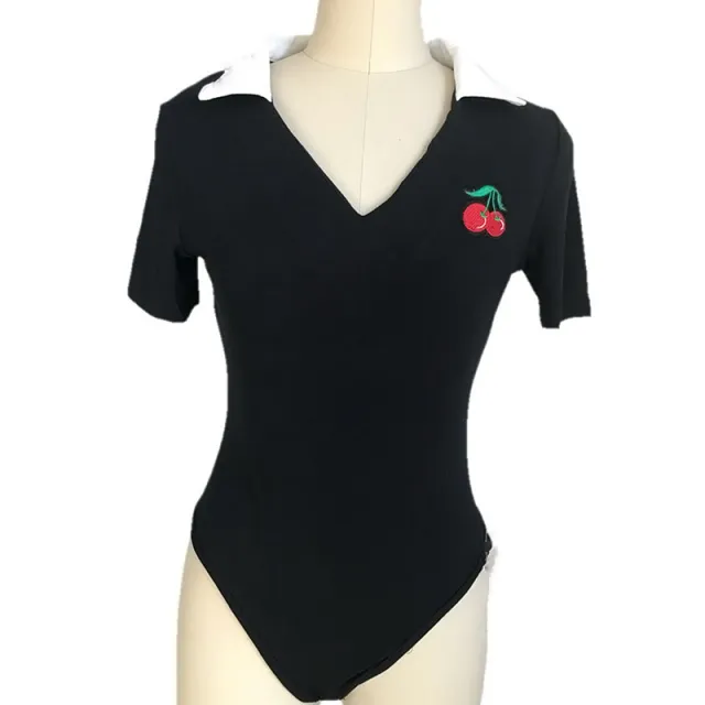 Europe and the United States tide brand retro girl small cherry black and white color matching V neck slim slimming wild onesies Black - Shop at LoveMi