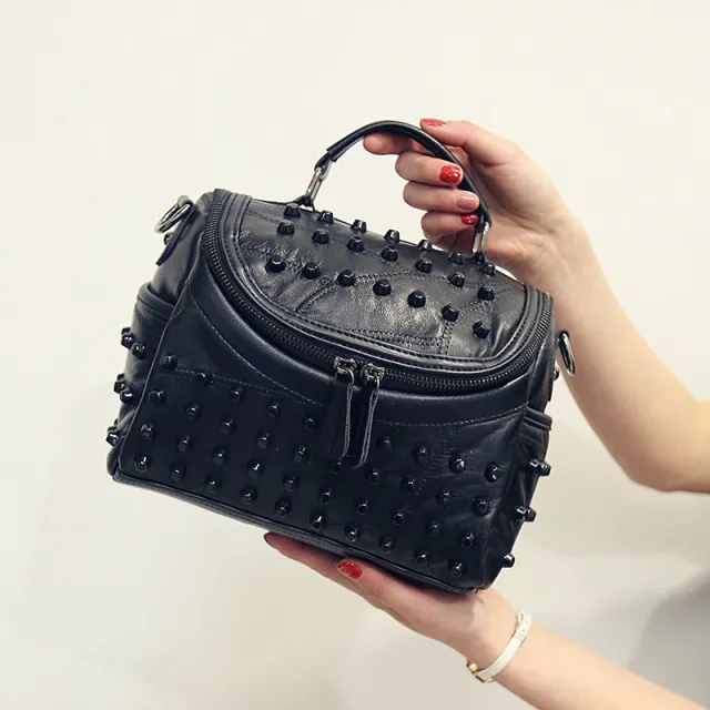 Handbag stitching sheepskin rivet pouch Black - Shop at LoveMi