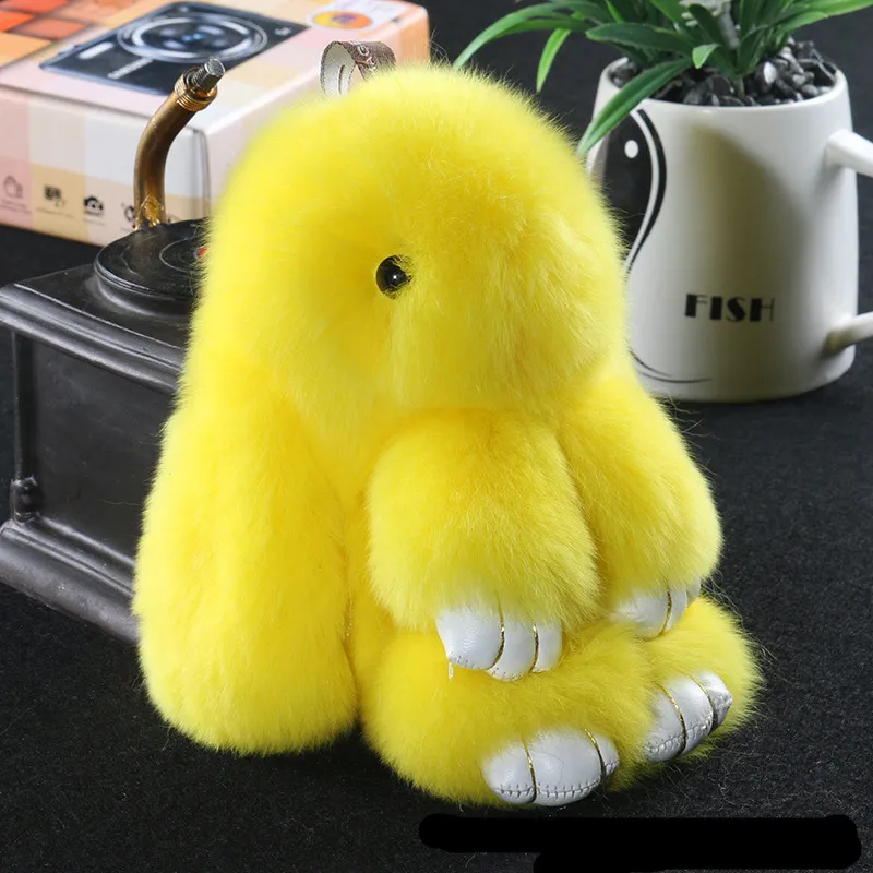 15cm Cute Pluff Bunny Keychain Rex Genuine Rabbit Fur Key Chains For Women Bag Toys Doll Fluffy Pom Pom Lovely Pompom Keyring - Yellow