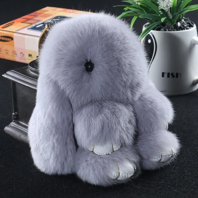 15cm Cute Pluff Bunny Keychain Rex Genuine Rabbit Fur Key Chains For Women Bag Toys Doll Fluffy Pom Pom Lovely Pompom Keyring - Light Gray