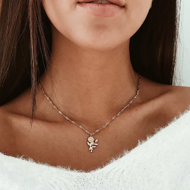 Rose Flower Pendant Necklace For Women Silvery - Shop at LoveMi