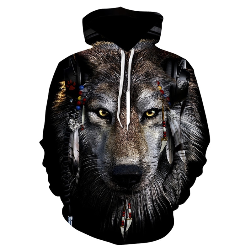 Wolf Head Print Men's Hoodie Sweater Digital