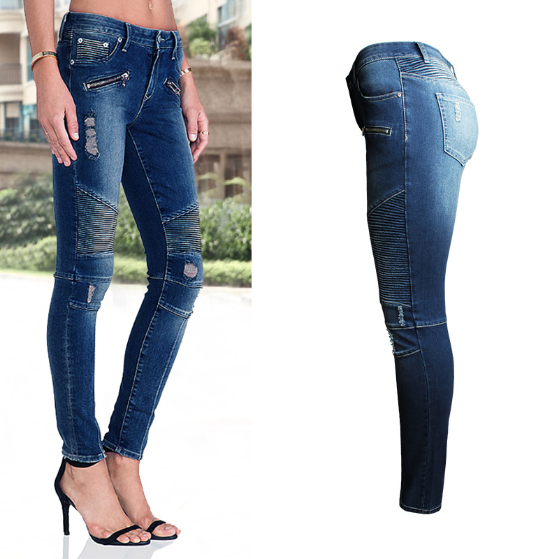 Womens Motorcycle Biker Zip Mid High Waist Stretch Skinny Jean