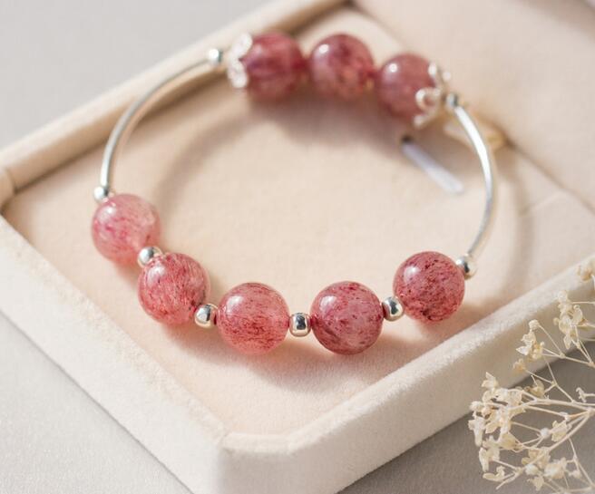 925 Sterling Silver  Natural Rose Quartz strawberry quartz &Lucky Ball Round Bead charms Bracelet