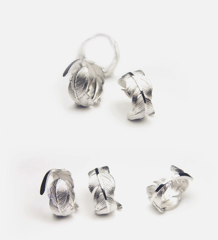 925 Silver Ring Female Feather Ring Simulation Feather Texture Adjustable Ring