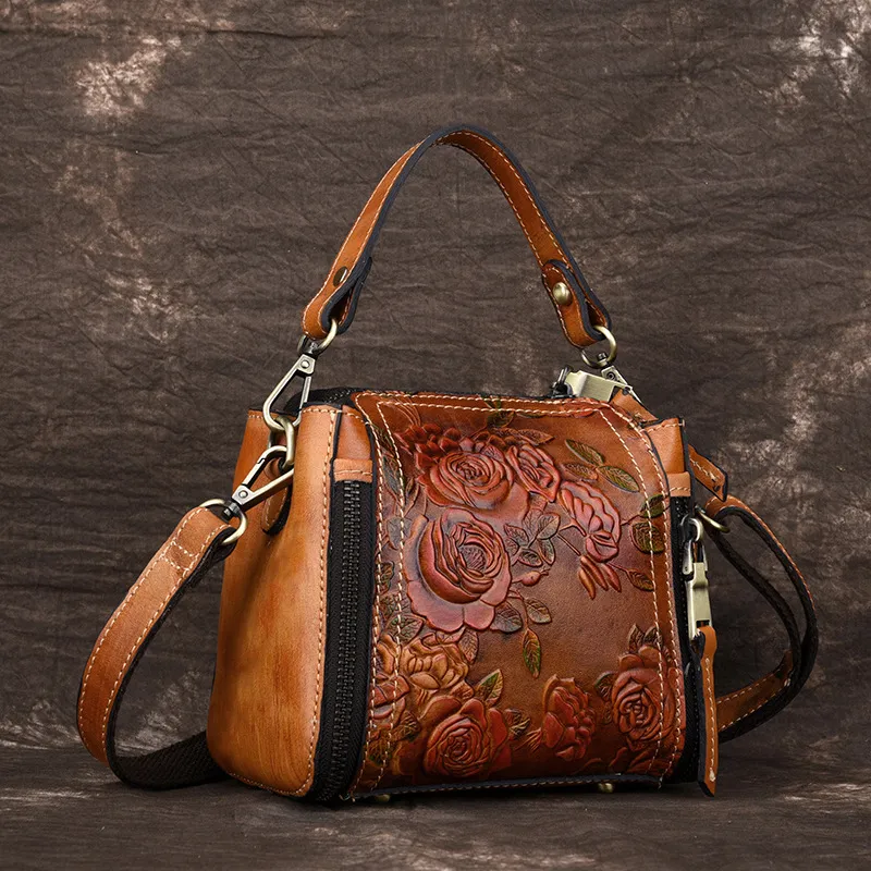 Fashionable Leather Vintage hand embossed handbag with shoulder inclined water bucket - Coffee