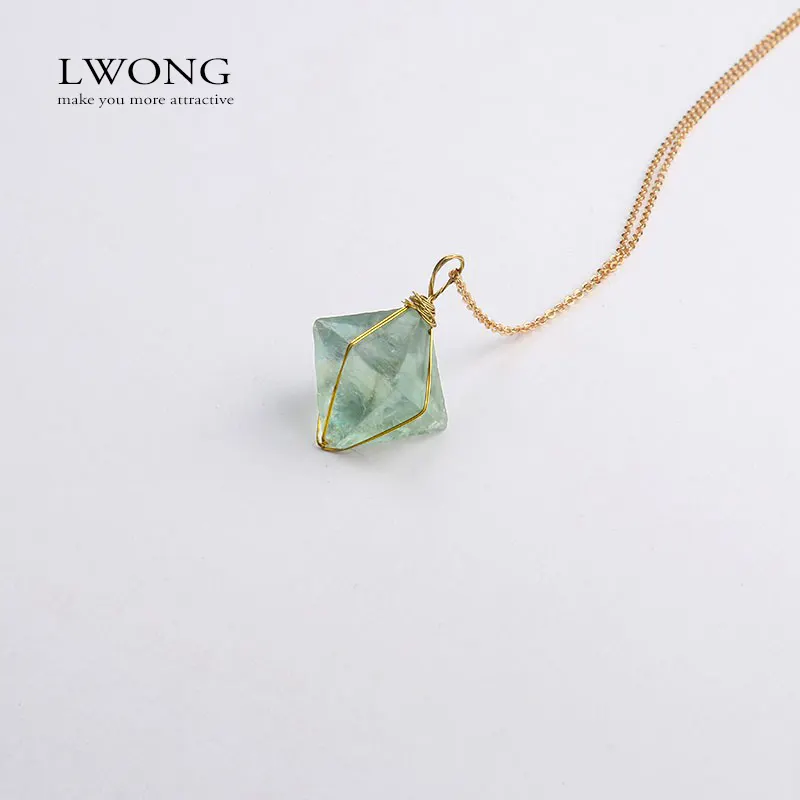 Gold Wire Wrapped Octahedron Green Fluorite Pendant Necklace Natural