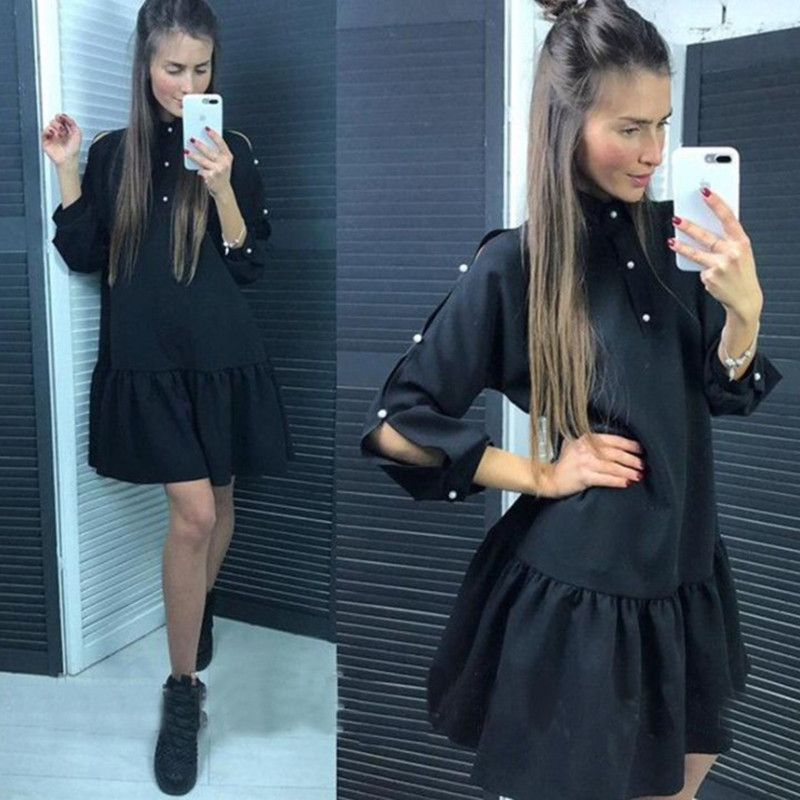 New pearl button nine-point sleeve skirt ruffled stitching long loose dress