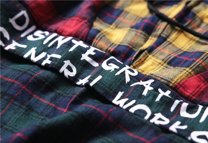 Men's tide section Plaid patchwork color hooded sweater loose cotton men and women couple models printed hooded sweater