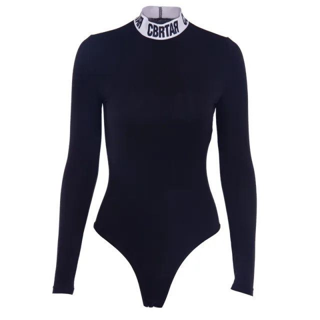 Long sleeved half high collar print jumpsuit autumn and winter stretch self cultivation cotton bottoming women's clothing Black - Shop at LoveMi