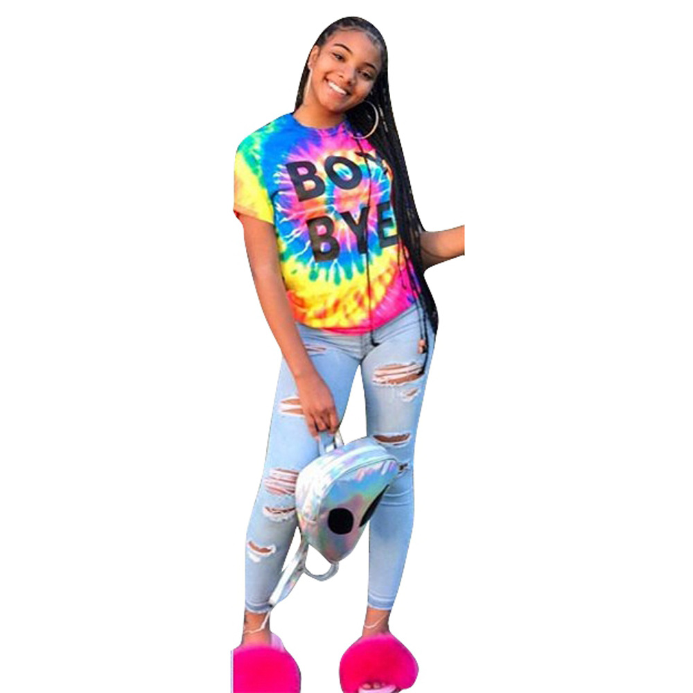 D8110 Europe and America graffiti color positioning letter print T-shirt