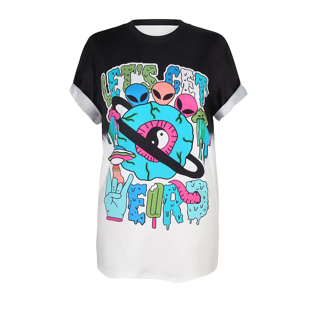Melting ice cream digital printing casual versatile tops large size loose short sleeves in the long section