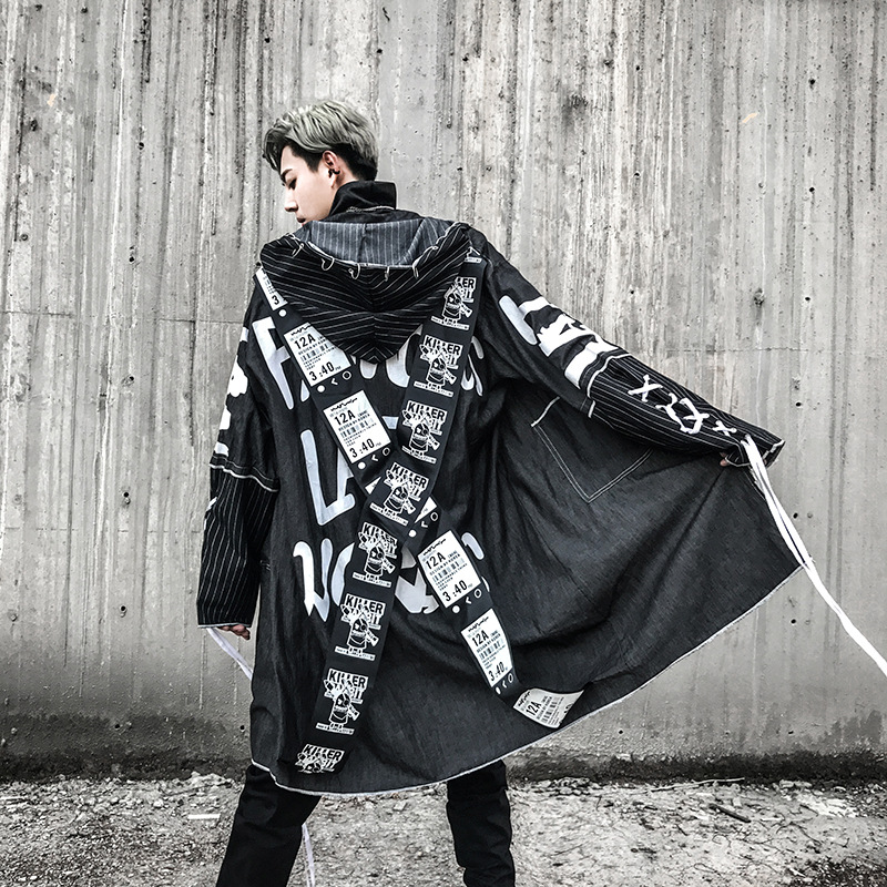 Autumn new national tide loose long hooded windbreaker hairdresser nightclub DJ personality fashion trend coat