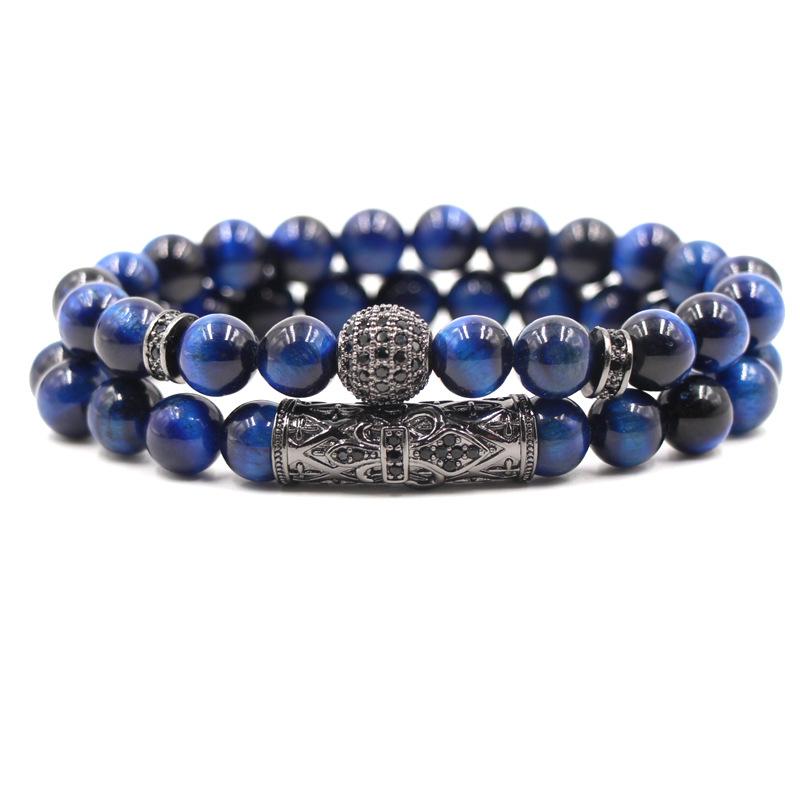 Blue tiger eye micro-inlaid zircon 10mm micro-inlaid ball Curved tube set fashion bracelet