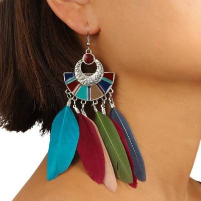 Europe and the United States foreign trade new exaggerated animal feather fan-shaped color long earrings earrings earrings jewelry