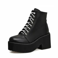 European and American punk leather thick ankle boots female Harajuku thick bottom zipper boots British lace Martin boots - Black - View 1