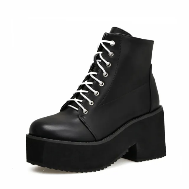 European and American punk leather thick ankle boots female Harajuku thick bottom zipper boots British lace Martin boots Black - Shop at LoveMi