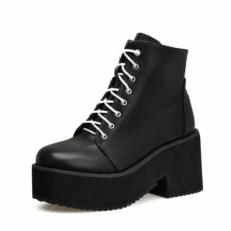 European and American punk leather thick ankle boots female Harajuku thick bottom zipper boots British lace Martin boots - Black