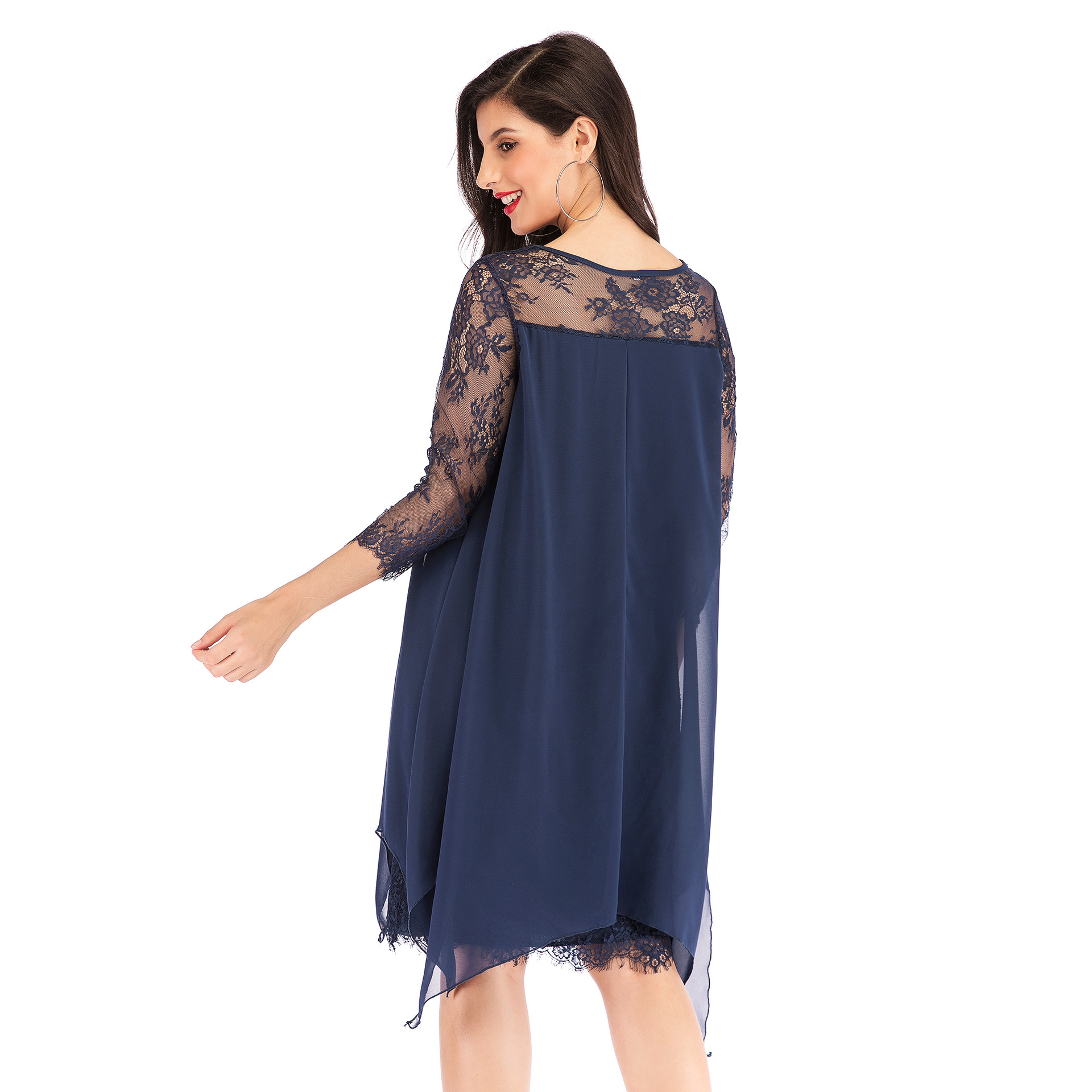 Lace-paneled cropped sleeves in a long knee-length chiffon dress