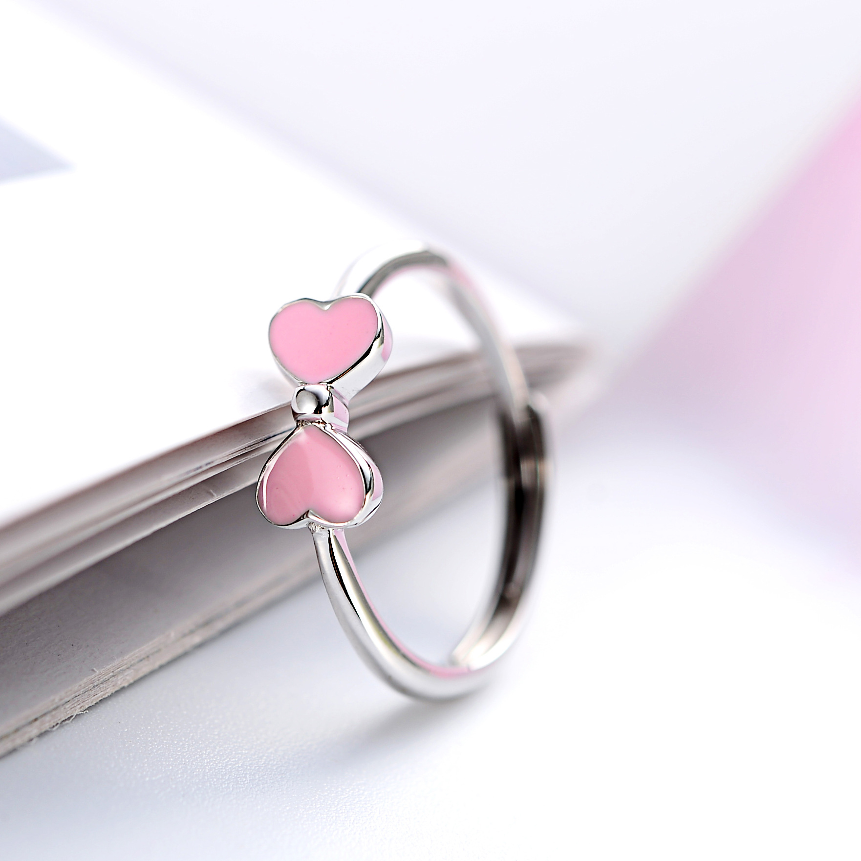 New S925 sterling silver Japan and South Korea love Epoxy bow live mouth code ring