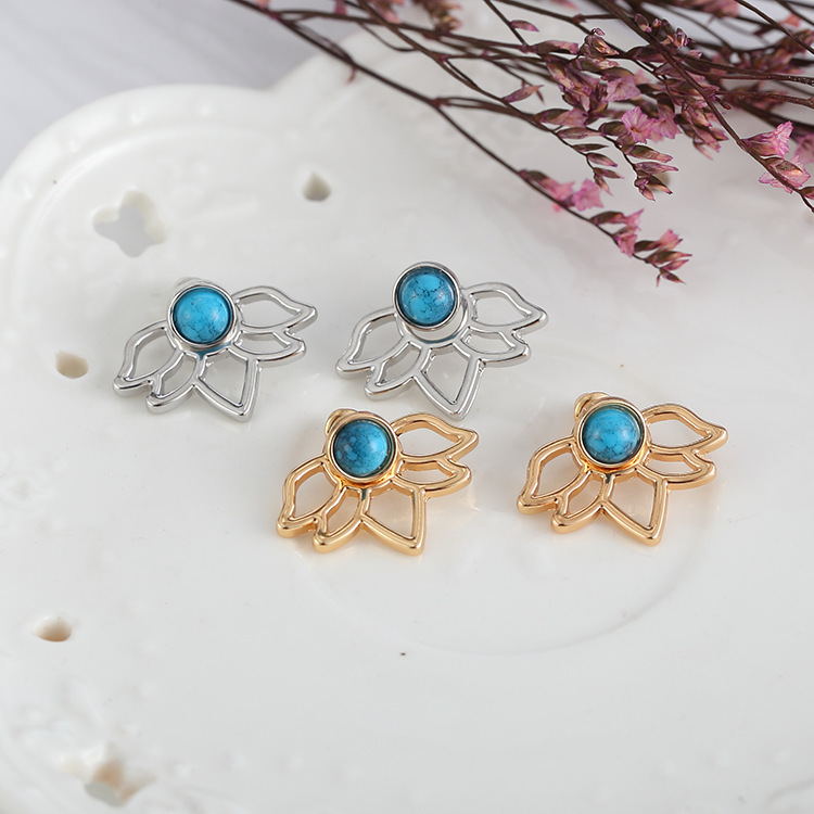 European and American hollow earrings Women's alloy smooth gemstone studs cross-border trend flower earrings